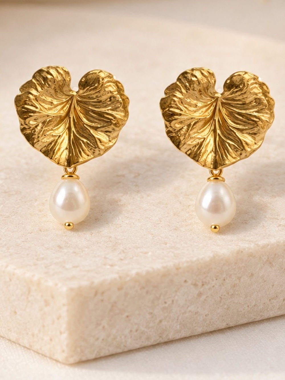 New Gold Leaf w/ genuine Pearl Drop Earrings - Elegant Women Jewelry